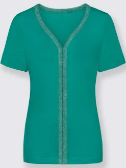 T-shirt à manches courtes avec passepoil en V et empiècements floraux
