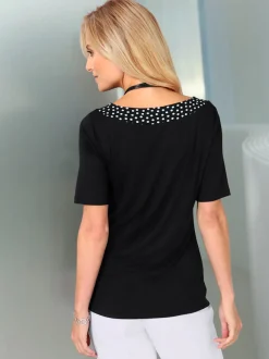 T-shirt manches courtes col à pois avec boucle décorative