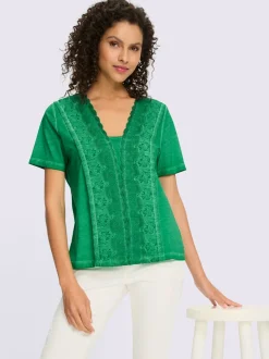 T-shirt à manches courtes encolure en V avec empiècement en dentelle