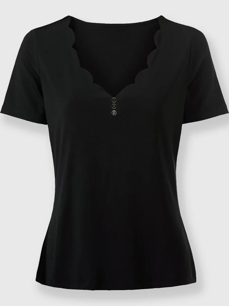T-shirt à manches courtes encolure en V avec boutons décoratifs