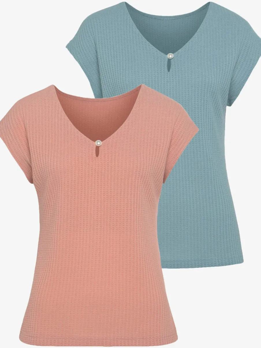 T-shirt à manches courtes encolure en V avec perle décorative