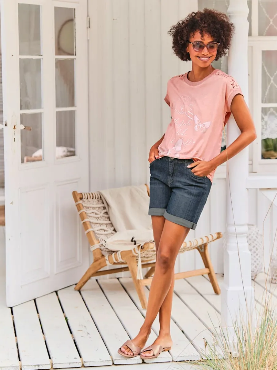 T-shirt à manches courtes en dentelle et imprimé léger
