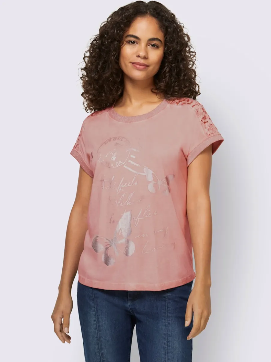 T-shirt à manches courtes en dentelle et imprimé léger