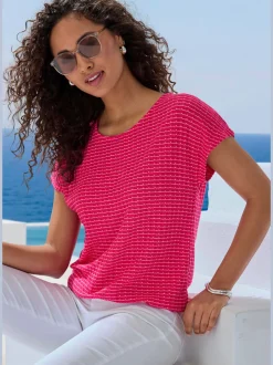 T-shirt à manches courtes en tricot structuré avec encolure ronde et élastique à la taille