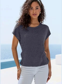 T-shirt à manches courtes en tricot avec motif graphique encolure ronde et élastique à la taille