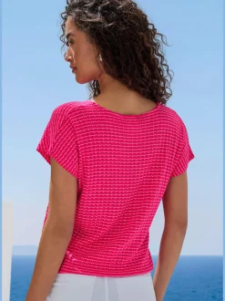 T-shirt à manches courtes en tricot avec motif graphique encolure ronde et élastique à la taille