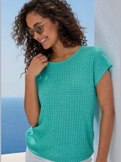 T-shirt à manches courtes en tricot avec motif graphique encolure ronde et élastique à la taille