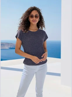 T-shirt à manches courtes en tricot avec motif graphique encolure ronde et élastique à la taille
