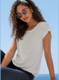 T-shirt à manches courtes en tricot avec motif graphique encolure ronde et élastique à la taille