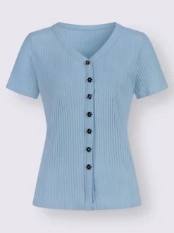 T-shirt à manches courtes en viscose extensible avec col V et patte de boutonnage