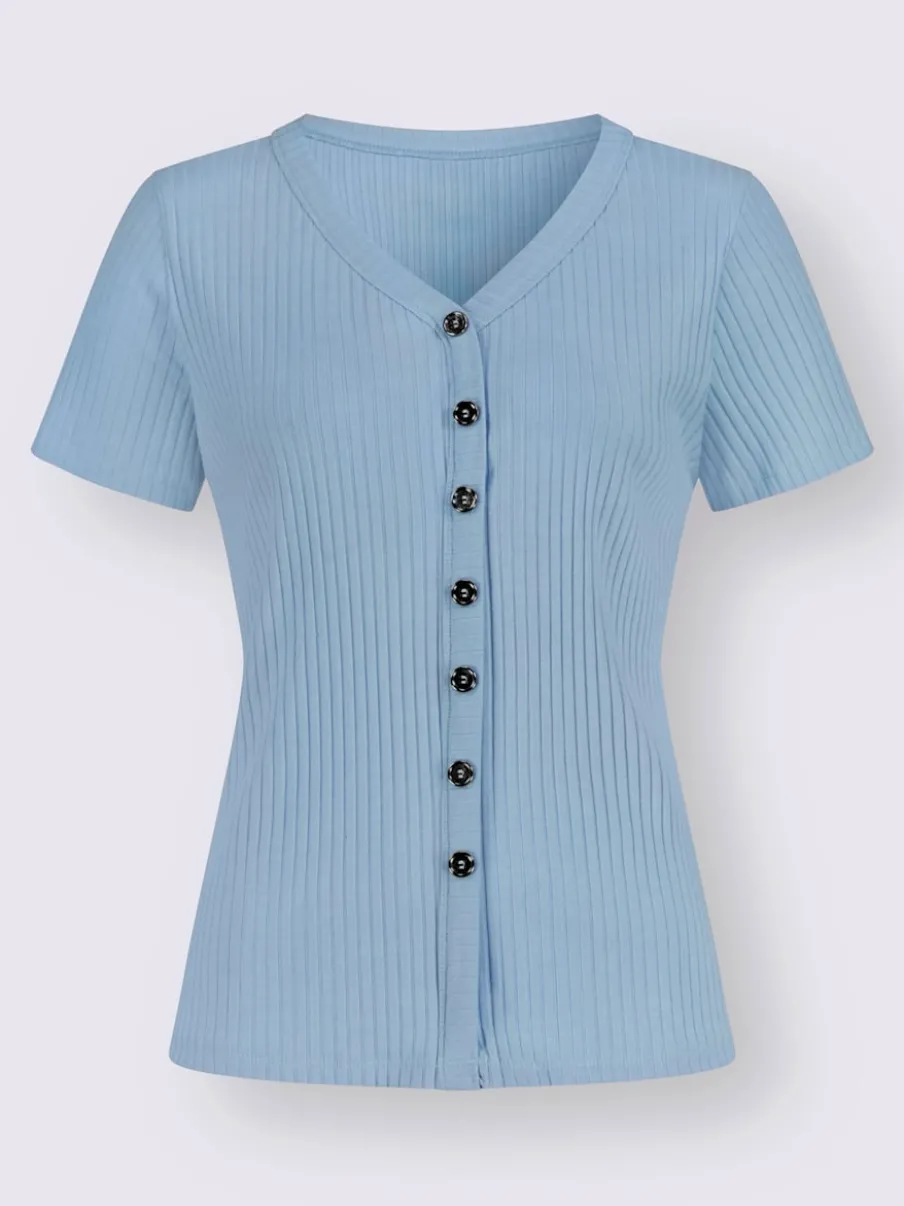 T-shirt à manches courtes en viscose extensible avec col V et patte de boutonnage