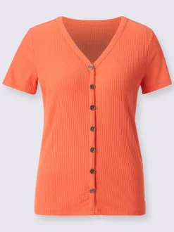 T-shirt à manches courtes en viscose extensible avec col V et patte de boutonnage