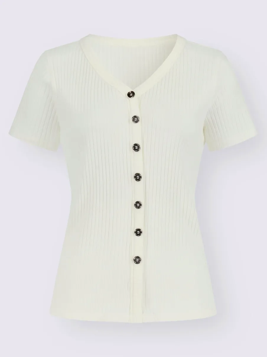 T-shirt à manches courtes en viscose extensible avec col V et patte de boutonnage