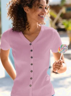 T-shirt à manches courtes en viscose extensible avec col V et patte de boutonnage