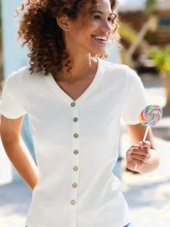 T-shirt à manches courtes en viscose extensible avec col V et patte de boutonnage