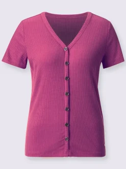 T-shirt à manches courtes en viscose extensible avec col V et patte de boutonnage