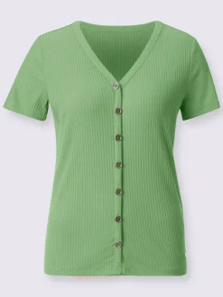 T-shirt à manches courtes en viscose extensible avec col V et patte de boutonnage