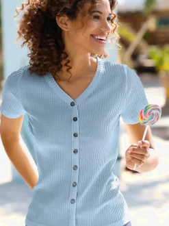 T-shirt à manches courtes en viscose extensible avec col V et patte de boutonnage