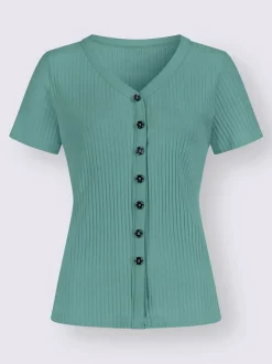 T-shirt à manches courtes en viscose extensible avec col V et patte de boutonnage