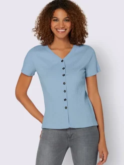 T-shirt à manches courtes en viscose extensible avec col V et patte de boutonnage
