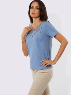 T-shirt à manches courtes en viscose avec empiècement en maille transparent