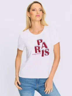 T-shirt à manches courtes inscription et pierres brillantes