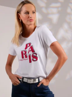 T-shirt à manches courtes inscription et pierres brillantes