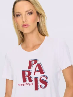 T-shirt à manches courtes inscription et pierres brillantes