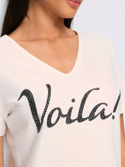 T-shirt à manches courtes inscription avec petites pierres brillantes fantaisie