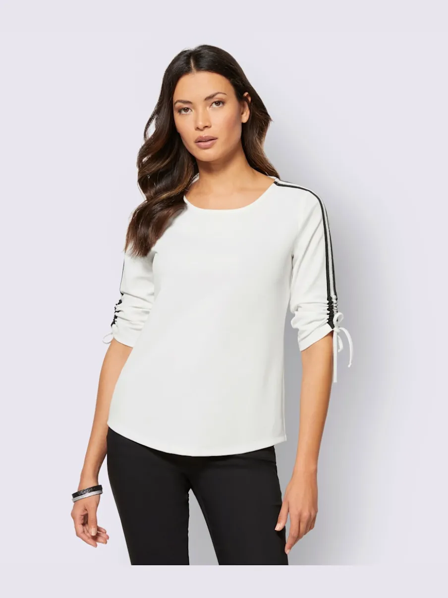 T-shirt à manches 3/4 crêpe rayé avec détails ajustables