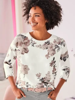 T-shirt à manches 3/4 encolure ronde imprimé floral