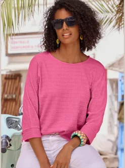 T-shirt à manches 3/4 en crêpe structurée avec ourlet arrondi