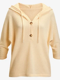 T-shirt à manches 3/4 en matière gaufrée avec capuche et patte de boutonnage