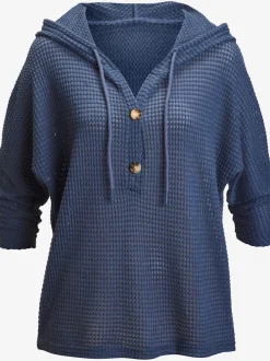 T-shirt à manches 3/4 en matière gaufrée avec capuche et patte de boutonnage