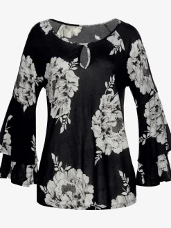 T-shirt à manches larges avec encolure trou de serrure et motifs floraux