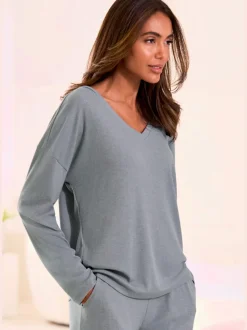 T-shirt à manches longues avec col V en tricot côtelé