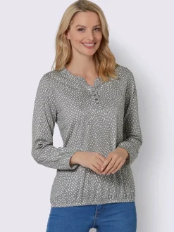 T-shirt à manches longues avec col rond froncé et imprimé