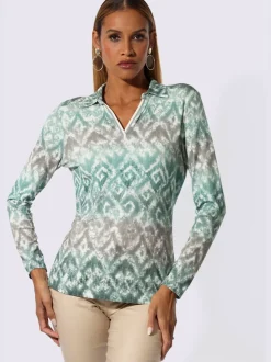T-shirt à manches longues avec col chemise et motif imprimé sur toute la surface