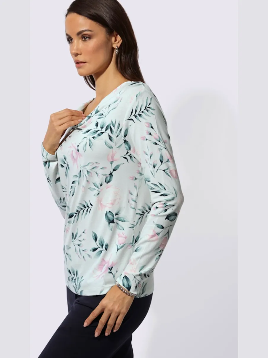 T-shirt à manches longues avec col bénitier et motifs floraux