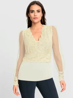 T-shirt à manches longues avec dentelle et effet cache-cœur