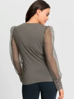 T-shirt à manches longues avec dentelle et effet cache-cœur