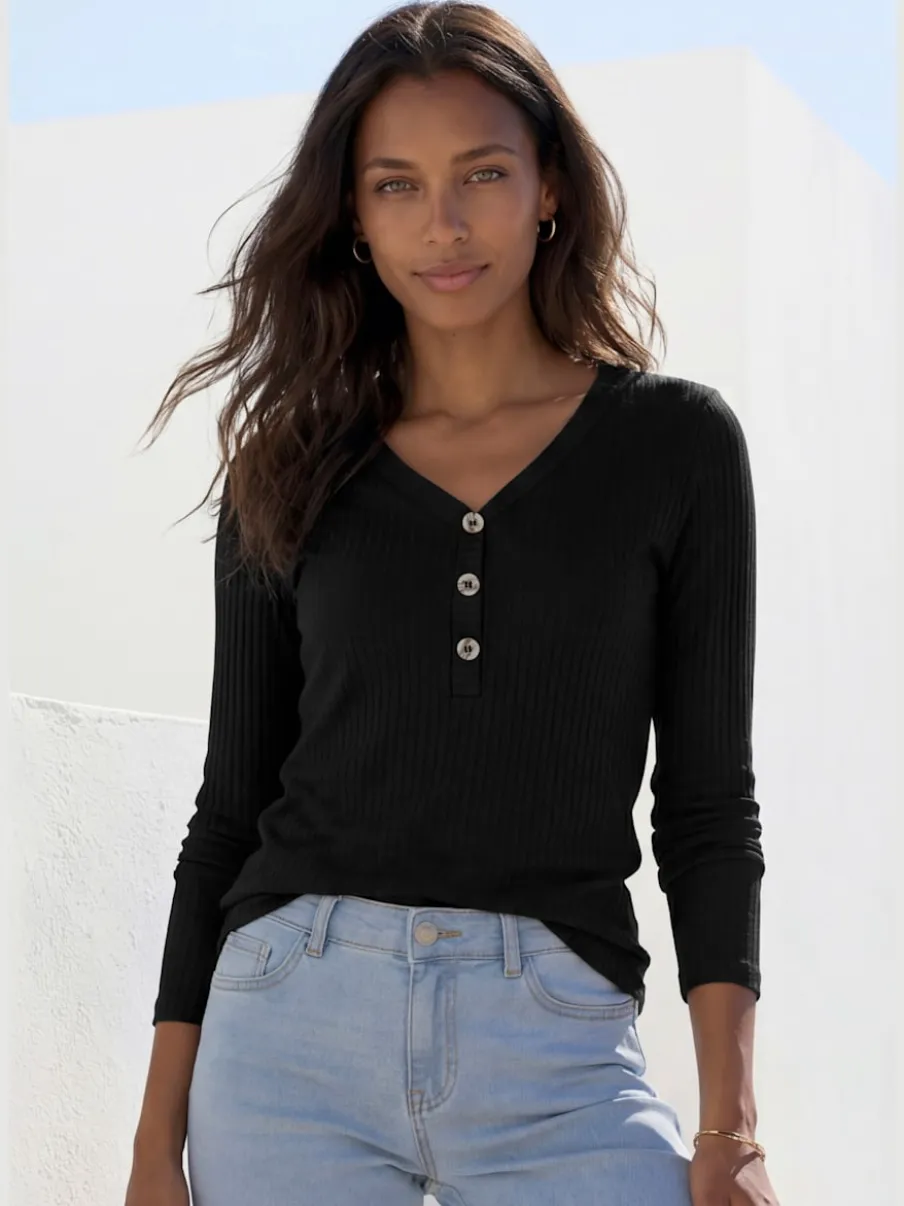 T-shirt à manches longues avec patte de boutonnage et boutons imitation corne