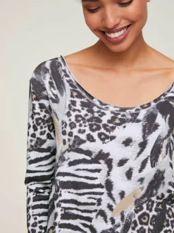 T-shirt manches longues col rond imprimé motifs animaliers