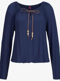 T-shirt manches longues à encolure élastiquée avec lien à nouer