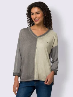 T-shirt à manches longues encolure en V avec fausse poche à paillettes