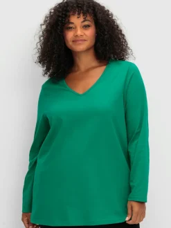 T-shirt à manches longues encolure en v passepoilée