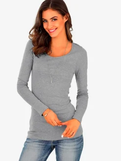 T-shirt manches longues en coton à col arrondi et ajusté