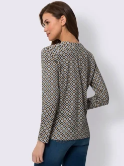 T-shirt à manches longues en coton avec col V et motif graphique