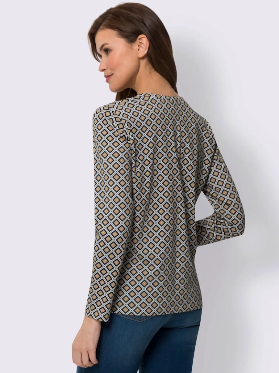 T-shirt à manches longues en coton avec col V et motif graphique