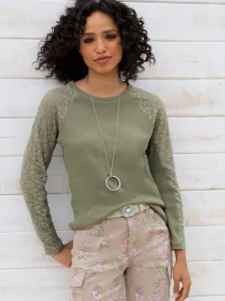 T-shirt à manches longues en dentelle avec col rond